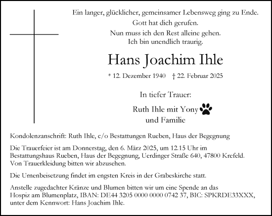 Traueranzeige von Hans Joachim Ihle von trauer.extra-tipp-moenchengladbach.de