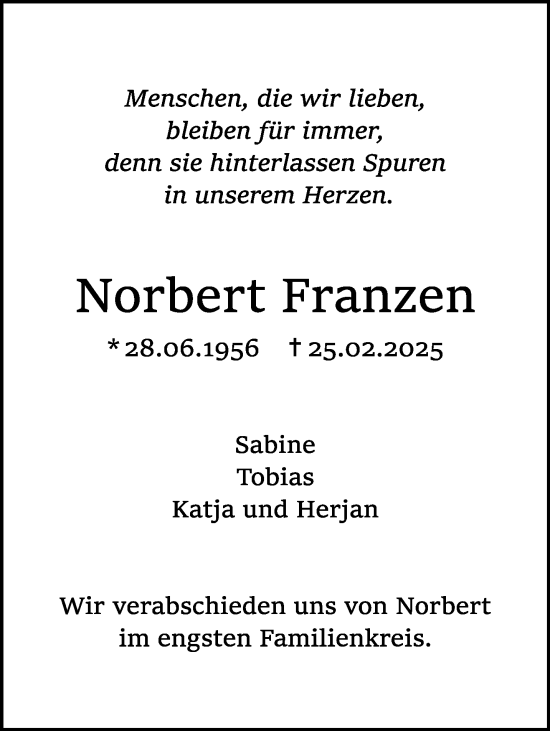Traueranzeige von Norbert Franzen von trauer.extra-tipp-moenchengladbach.de