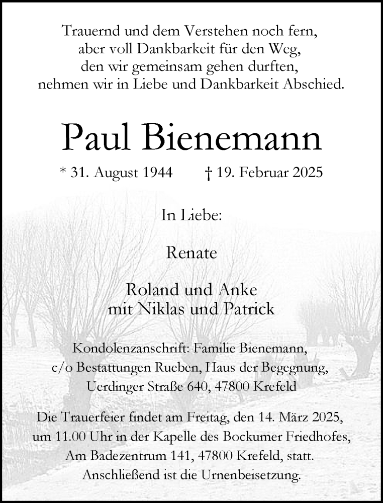  Traueranzeige für Paul Bienemann vom 09.03.2025 aus trauer.extra-tipp-moenchengladbach.de