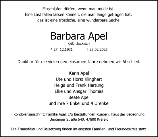 Traueranzeige von Barbara Apel von trauer.extra-tipp-moenchengladbach.de