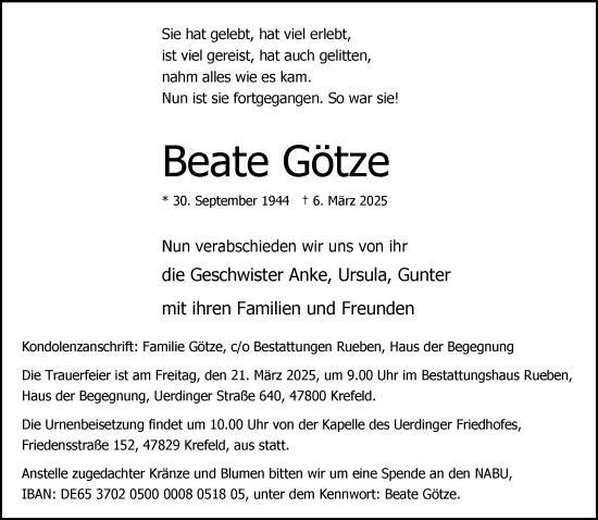 Traueranzeige von Beate Götze von trauer.extra-tipp-moenchengladbach.de