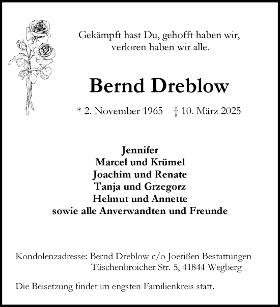 Traueranzeige von Bernd Dreblow von trauer.extra-tipp-moenchengladbach.de