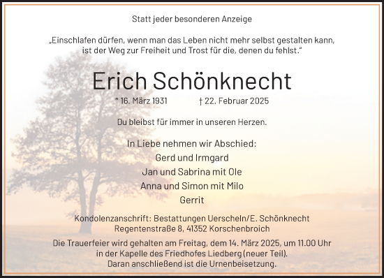 Traueranzeige von Erich Schönknecht von trauer.extra-tipp-moenchengladbach.de