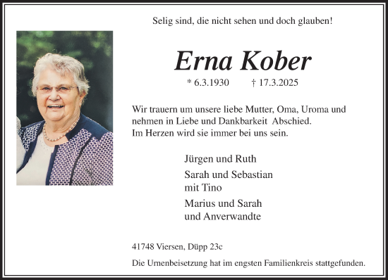 Traueranzeige von Erna Kober von trauer.extra-tipp-moenchengladbach.de