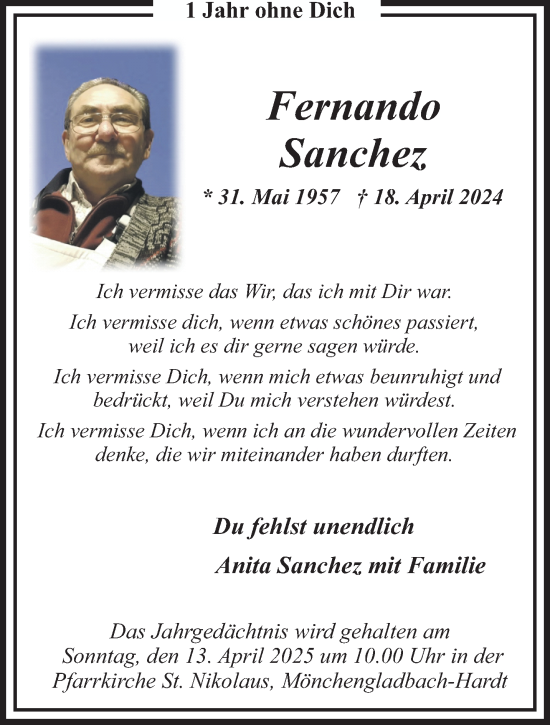 Traueranzeige von Fernando Sanchez von trauer.extra-tipp-moenchengladbach.de