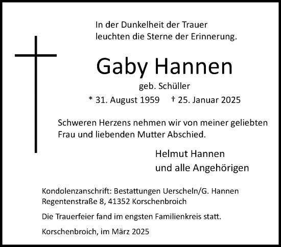 Traueranzeige von Gaby Hannen von trauer.extra-tipp-moenchengladbach.de