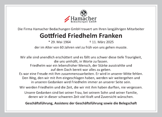 Traueranzeige von Gottfried Friedhelm Franken von trauer.extra-tipp-moenchengladbach.de