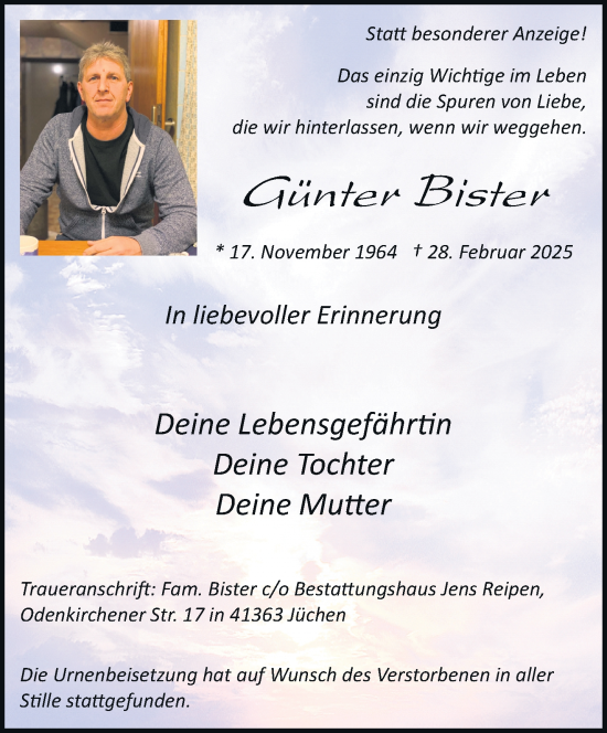Traueranzeige von Günter Bister von trauer.stadt-kurier.de