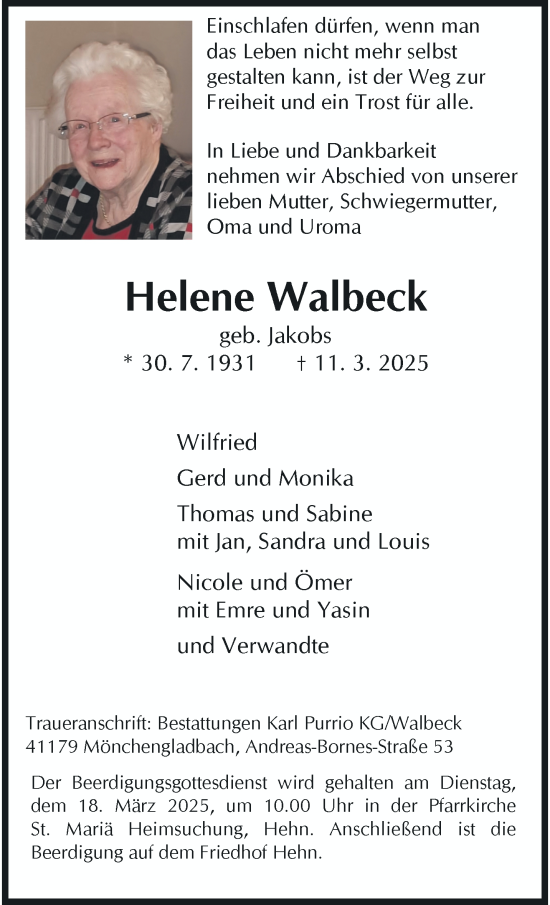 Traueranzeige von Helene Walbeck von trauer.extra-tipp-moenchengladbach.de