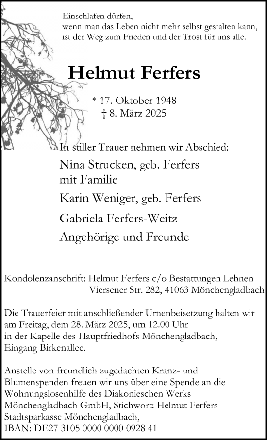 Traueranzeige von Helmut Ferfers von trauer.extra-tipp-moenchengladbach.de