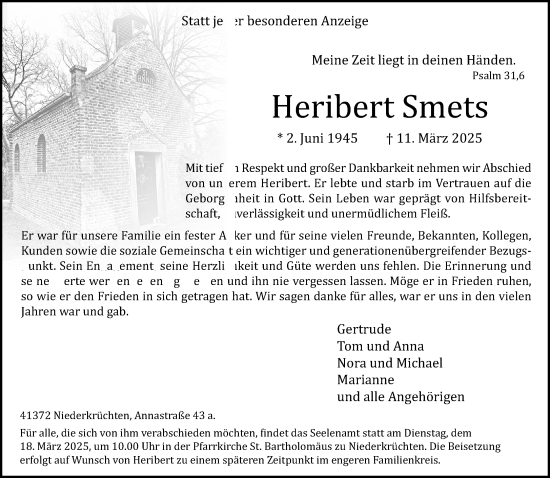 Traueranzeige von Heribert Smets von trauer.extra-tipp-moenchengladbach.de
