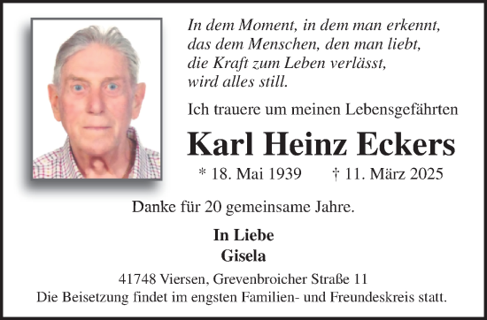 Traueranzeige von Karl Heinz Eckers von trauer.extra-tipp-moenchengladbach.de