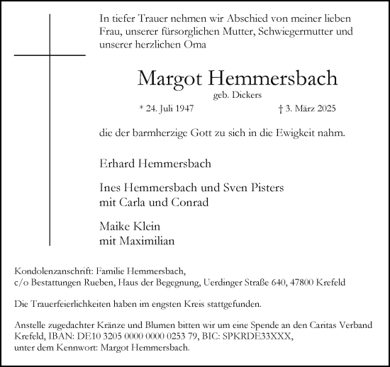 Traueranzeige von Margot Hemmersbach von trauer.extra-tipp-moenchengladbach.de