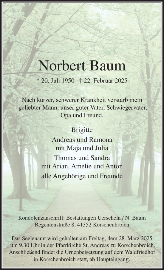 Traueranzeige von Norbert Baum von trauer.extra-tipp-moenchengladbach.de