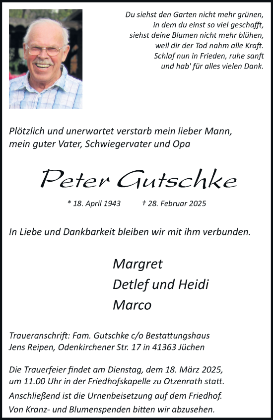 Traueranzeige von Peter Gutschke von trauer.stadt-kurier.de