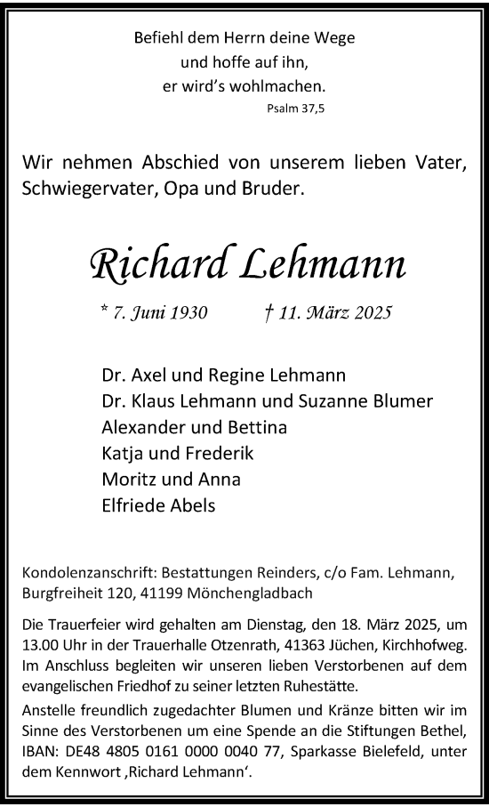 Traueranzeige von Richard Lehmann von trauer.stadt-kurier.de