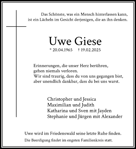 Traueranzeige von Uwe Giese von trauer.extra-tipp-moenchengladbach.de