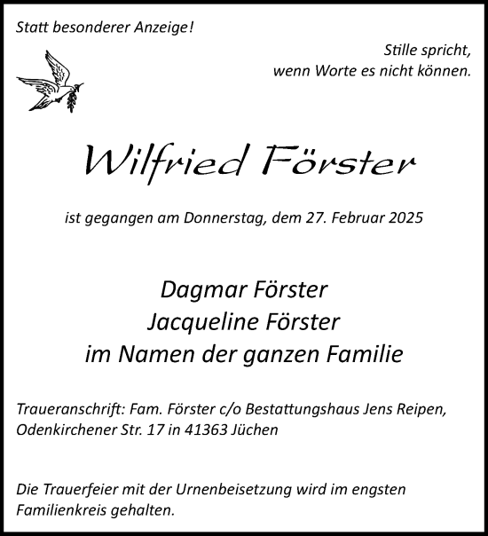 Traueranzeige von Wilfried Förster von trauer.stadt-kurier.de