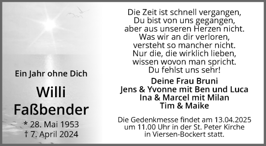 Traueranzeige von Willi Faßbender von trauer.extra-tipp-moenchengladbach.de