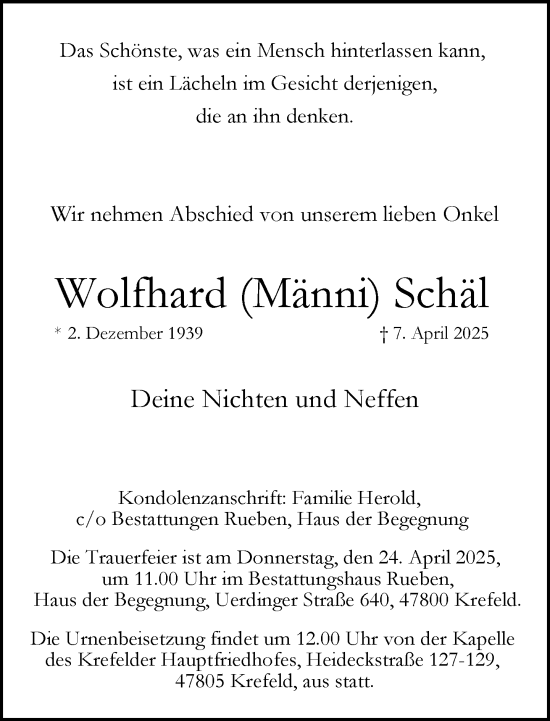 Traueranzeige von Wolfhard Schäl von Extra Tipp Krefeld