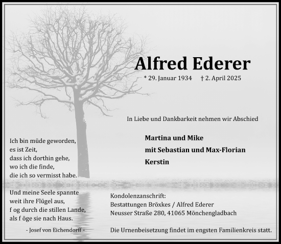 Traueranzeige von Alfred Ederer von trauer.extra-tipp-moenchengladbach.de