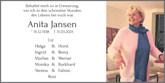 Traueranzeige von Anita Jansen von trauer.extra-tipp-moenchengladbach.de