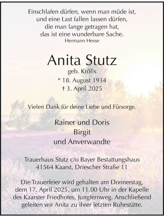 Traueranzeige von Anita Stutz von trauer.extra-tipp-moenchengladbach.de