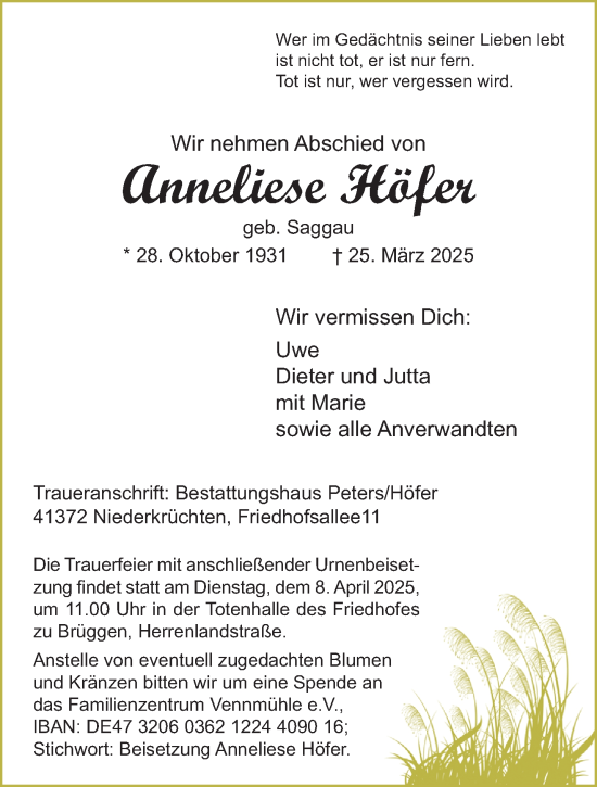 Traueranzeige von Anneliese Höfer von trauer.extra-tipp-moenchengladbach.de