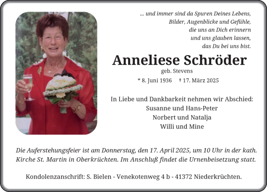 Traueranzeige von Anneliese Schröder von trauer.extra-tipp-moenchengladbach.de