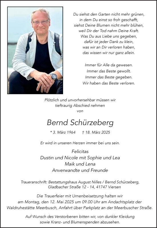 Traueranzeige von Bernd Schürzeberg von trauer.extra-tipp-moenchengladbach.de