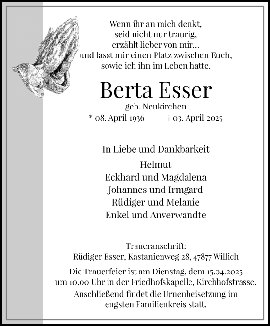 Traueranzeige von Berta Esser von trauer.extra-tipp-moenchengladbach.de