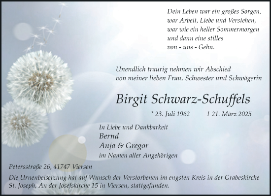 Traueranzeige von Birgit Schwarz-Schuffels von trauer.extra-tipp-moenchengladbach.de