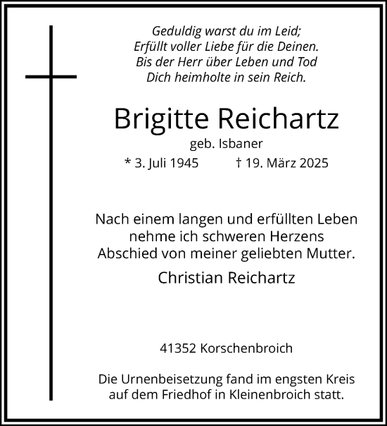 Traueranzeige von Brigitte Reichartz von trauer.extra-tipp-moenchengladbach.de