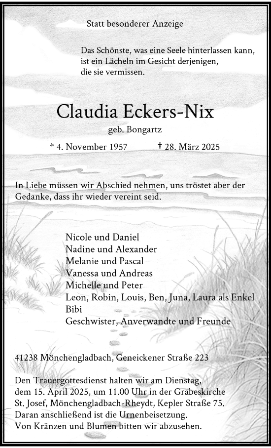 Traueranzeige von Claudia Eckers-Nix von trauer.extra-tipp-moenchengladbach.de