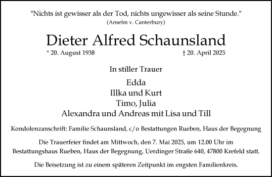 Traueranzeige von Dieter Alfred Schaunsland von trauer.extra-tipp-moenchengladbach.de