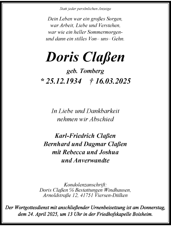 Traueranzeige von Doris Claßen von trauer.extra-tipp-moenchengladbach.de