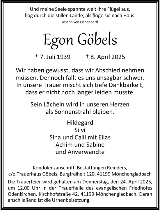 Traueranzeige von Egon Göbels von trauer.extra-tipp-moenchengladbach.de