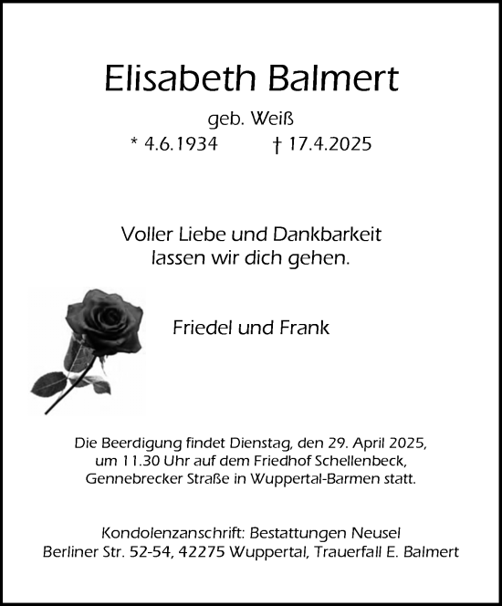 Traueranzeige von Elisabeth Balmert von trauer.wuppertaler-rundschau.de