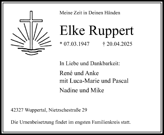 Traueranzeige von Elke Ruppert von trauer.wuppertaler-rundschau.de
