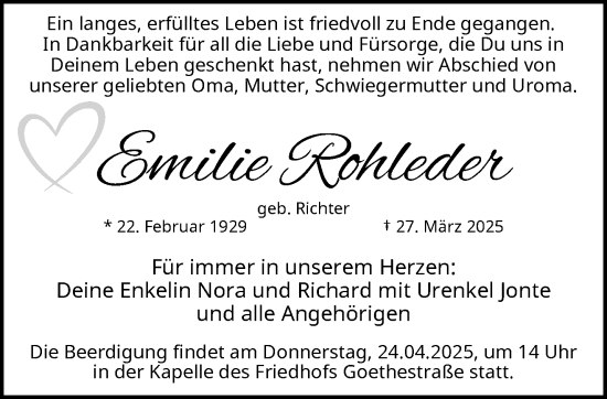 Traueranzeige von Emilie Rohleder von trauer.duesseldorfer-anzeiger.de