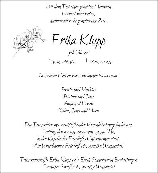 Traueranzeige von Erika Klapp von trauer.wuppertaler-rundschau.de
