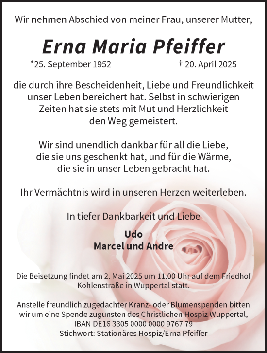 Traueranzeige von Erna Maria Pfeiffer von trauer.wuppertaler-rundschau.de