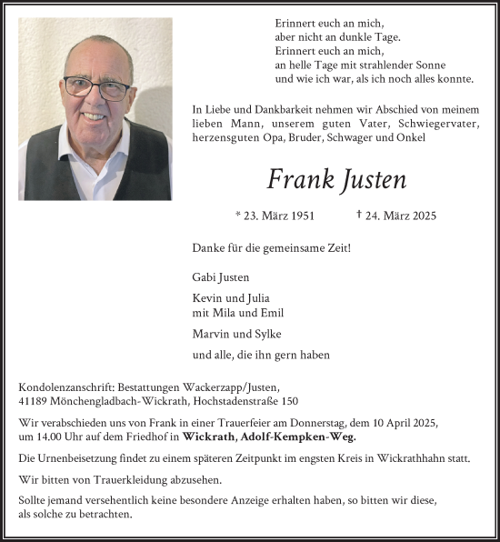 Traueranzeige von Frank Justen von trauer.extra-tipp-moenchengladbach.de