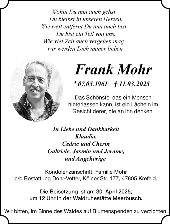 Traueranzeige von Frank Mohr von trauer.extra-tipp-moenchengladbach.de