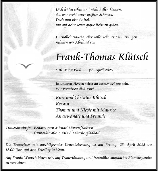Traueranzeige von Frank-Thomas Klütsch von trauer.extra-tipp-moenchengladbach.de
