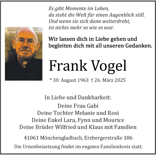 Traueranzeige von Frank Vogel von trauer.extra-tipp-moenchengladbach.de