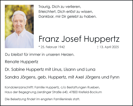 Traueranzeige von Franz Josef Huppertz von trauer.extra-tipp-moenchengladbach.de