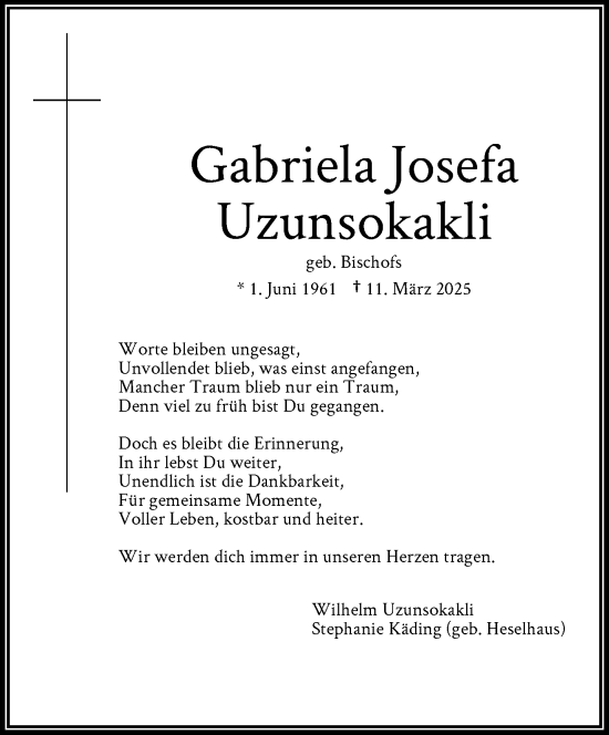 Traueranzeige von Gabriela Josefa Uzunsokakli von trauer.extra-tipp-moenchengladbach.de
