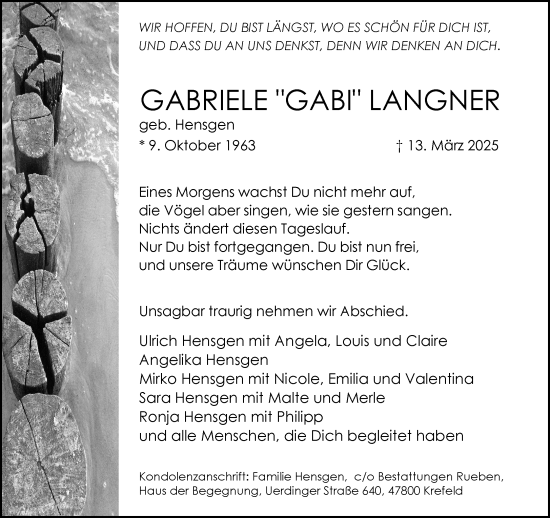 Traueranzeige von Gabriele Langner von trauer.extra-tipp-moenchengladbach.de