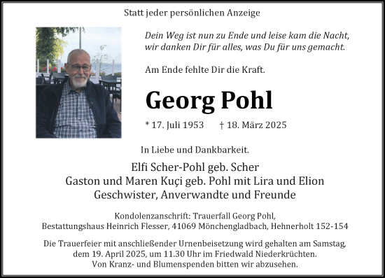 Traueranzeige von Georg Pohl von trauer.extra-tipp-moenchengladbach.de